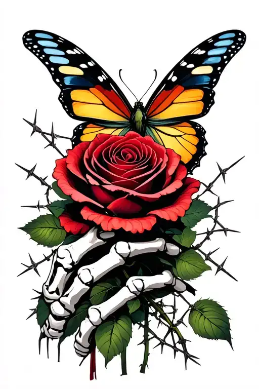 butterfly resting on rose, rose being held by skeleton hand, wrapped in barbed wire tattoo design idea