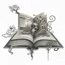 black and gray surrealistic book open tattoo design idea