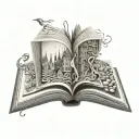 black and gray surrealistic book open tattoo design idea