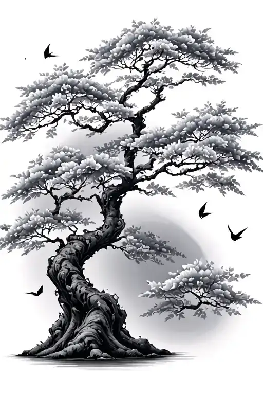 Sakura tree with flying leaves tattoo design idea