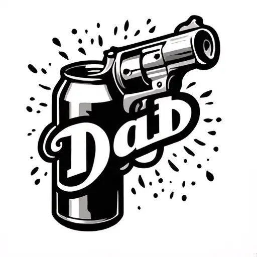 Create tattoo stencils of Gun shooting a beer can with the word dad in middle tattoo design idea
