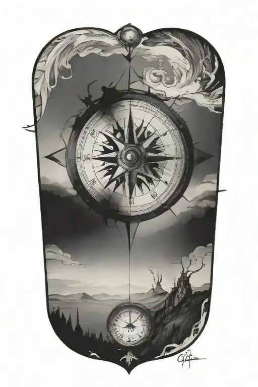 compass layered behind a clock representing the course for life over time. Overlapping is a Phoenix rising uo tattoo design idea