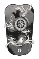 compass layered behind a clock representing the course for life over time. Overlapping is a Phoenix rising uo tattoo design idea