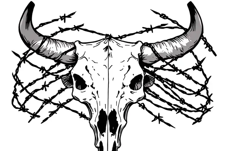 cow skull with barb wire wrapped tattoo design idea