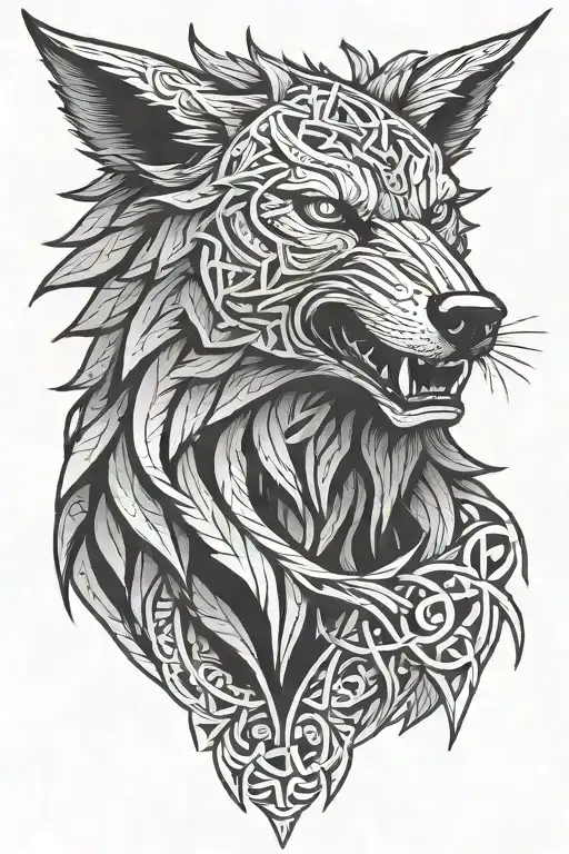 angry fenrir with runes wrapping, nordic, black and grey, with not allot of black tattoo design idea