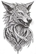 angry fenrir with runes wrapping, nordic, black and grey, with not allot of black tattoo design idea