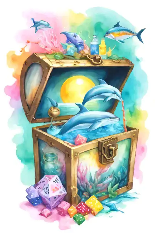 treasure chest smoking with ideas: Dolphins, D20 dice, Paint brushes tattoo design idea