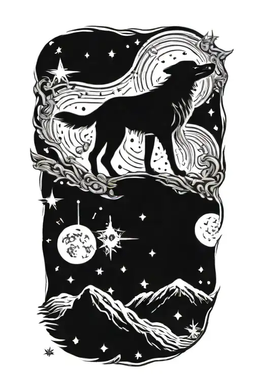 A black-grey tattoo of a dog howling at the moon surrounded by stars tattoo design idea
