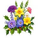 Carnation, violet, daffodil, daisy, larkspur, gladiolus, mums, holly in a flower pot tattoo design idea