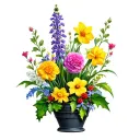 Carnation, violet, daffodil, daisy, larkspur, gladiolus, mums, holly in a flower pot tattoo design idea