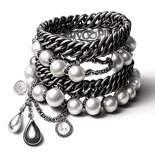 bracelet with chain links with round and tear drop pearls. names on chains, Kaylee, Lillian, Gabrielle, Aurelia, Isabell tattoo design idea