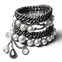 bracelet with chain links with round and tear drop pearls. names on chains, Kaylee, Lillian, Gabrielle, Aurelia, Isabell tattoo design idea