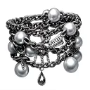 bracelet with chain links with round and tear drop pearls. names on chains, Kaylee, Lillian, Gabrielle, Aurelia, Isabell tattoo design idea