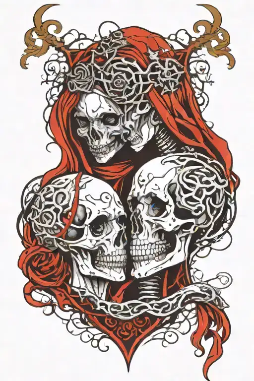 hooded skull reaper holding beautiful medusa woman by her chin and almost kissing her. both facing each other  tattoo design idea