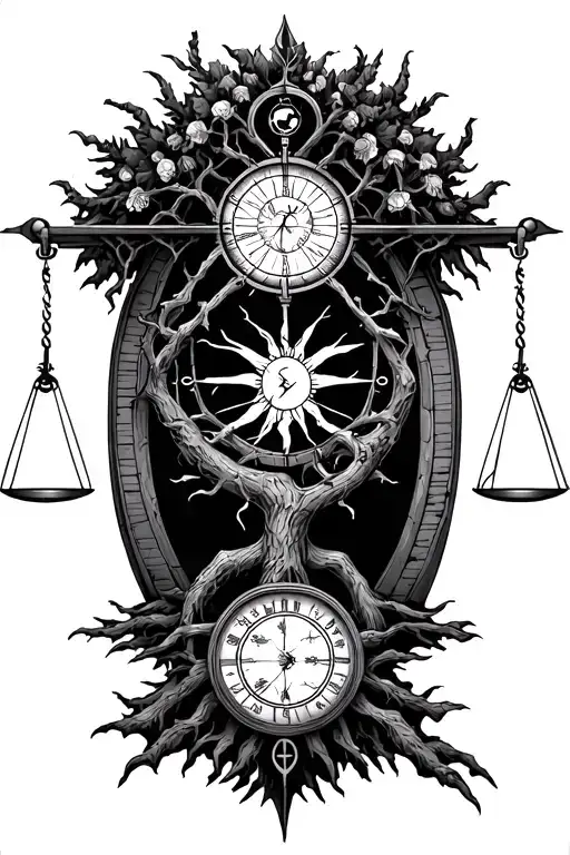 gothic tree of life, libra scale, old sun dial symbolizing the wanderer's journey tattoo design idea