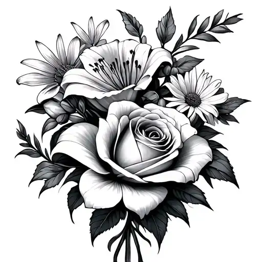 (Lily) May, (Lily) May, (Rose) June, (Aster) September tattoo bouquet tattoo design idea