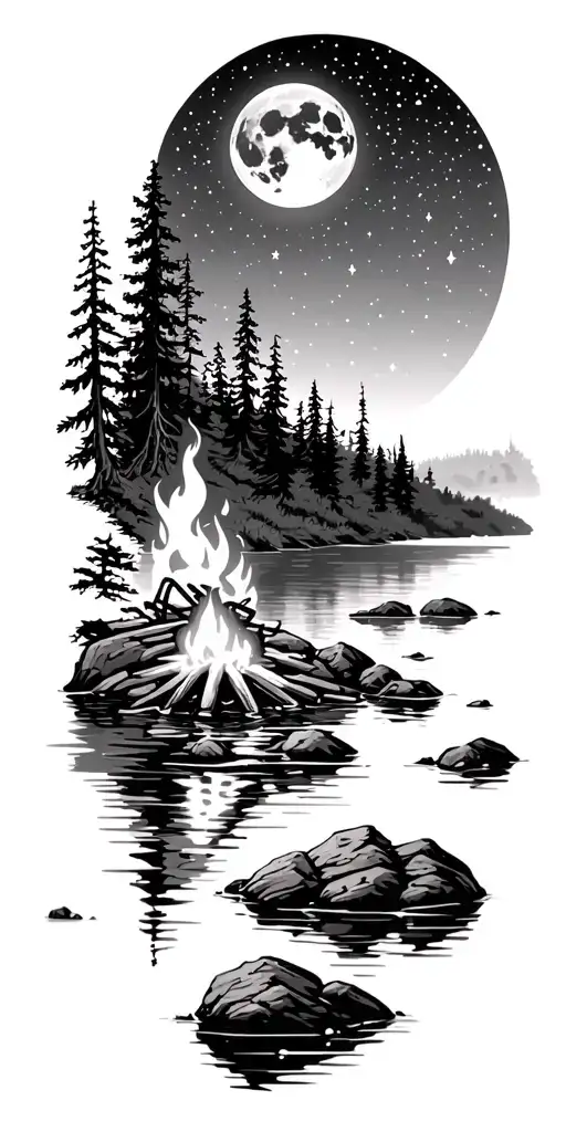 Night forest by the riverbank, a glowing campfire near the water, reflection of stars and full moon in the river, calm a tattoo design idea