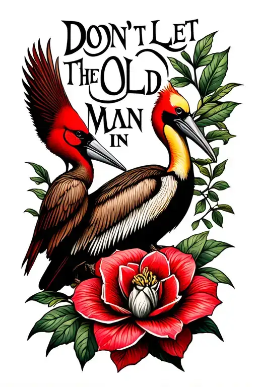 "Don't Let The Old Man In" brown pelican a red cardinal and a camelia flower tattoo design idea