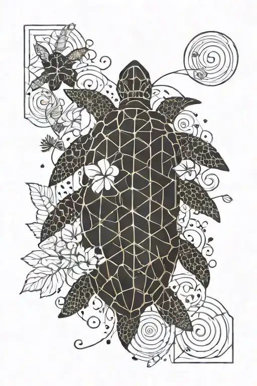A Concept Design Tattoo; Motives: sea, a tiny turtle, autumn leaves and a music note; Text: love, hope, faith, just feel tattoo design idea