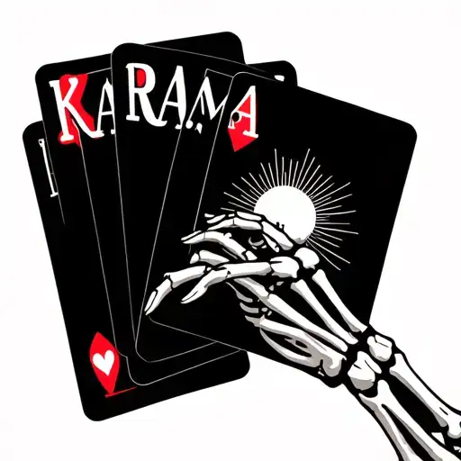 skeleton hand holding cards that spell out karama with sunshine rays  tattoo design idea