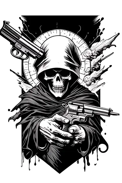 Grim reaper with a pistol pointed at his head  tattoo design idea