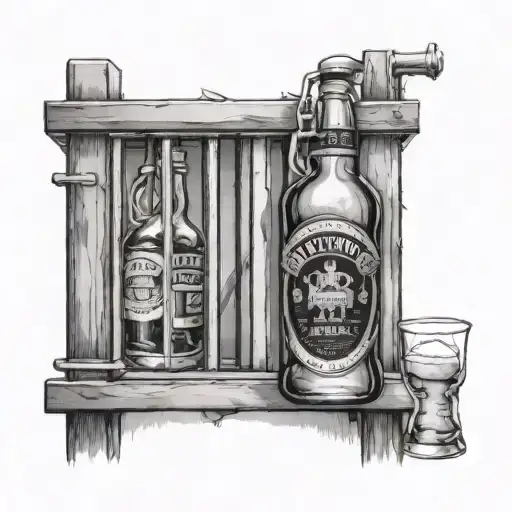 beer and whisky bottle behind prison bars tattoo design idea