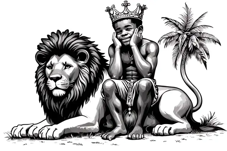 African America boy with Afro bow sitting on a lion with his hands on his cheeks and a crown on his head  tattoo design idea