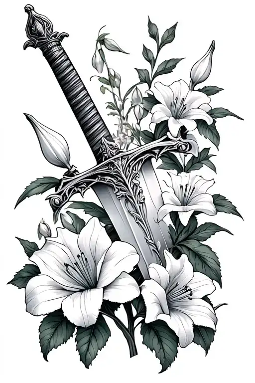 sword with rose lily snowdrop and larkspur tattoo design idea