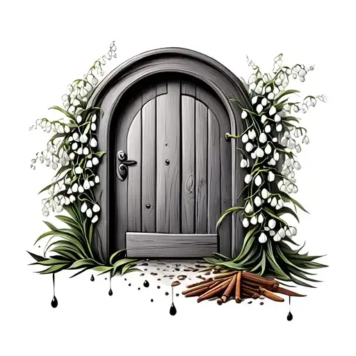 wooden door with lily of the valley climbing up side w/ drops falling off the leaf onto the door. bed of spices bottom tattoo design idea