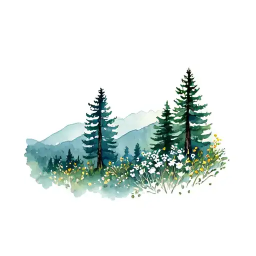 blue ridge parkway, pine trees, cedar trees and dogwood flowers surrounding the edge tattoo design idea