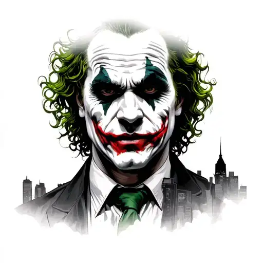 heath ledger joker with Gotham City skyline tattoo design idea