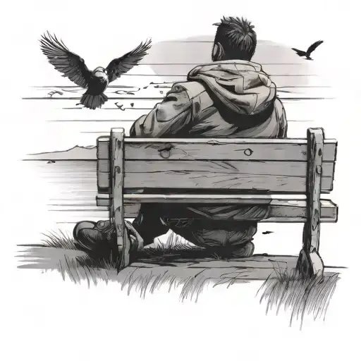 Draw a person with his back turned and sitting on a bench looking at the beach but the sky is pink and birds are flying  tattoo design idea