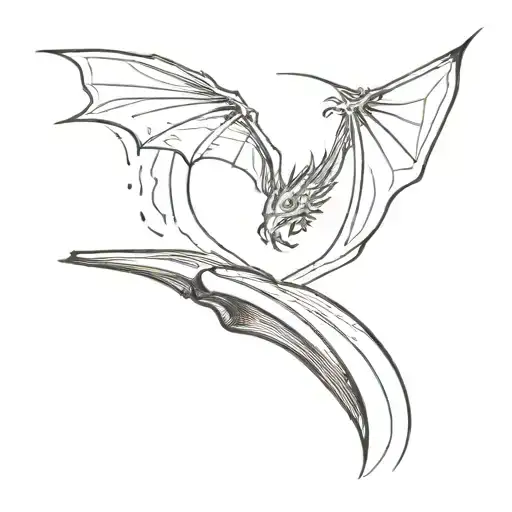 An open book with small specks of dust coming out of it. A small dragon flying out of the book, a fairy flying, a wolf h tattoo design idea