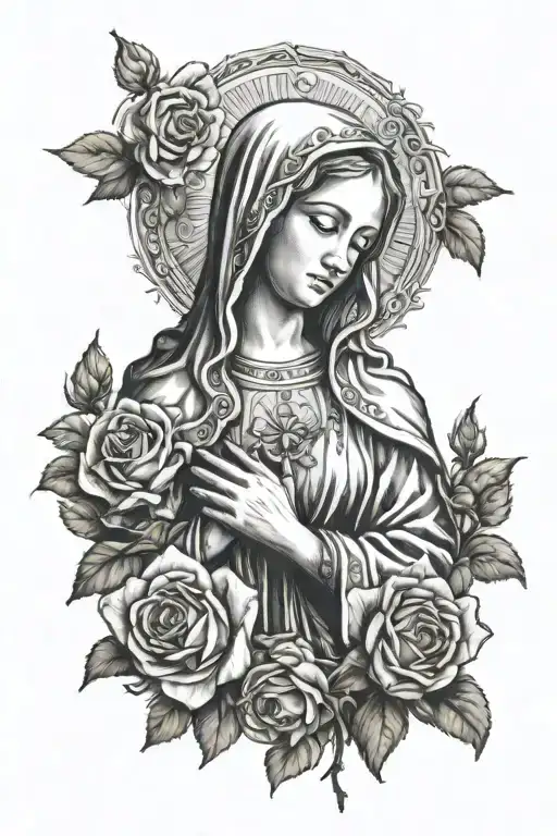 virgin mary praying with roses tattoo design idea