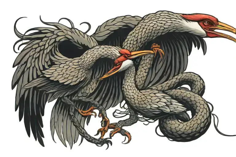 Two japanese cranes fighting a snake intertwined tattoo design idea