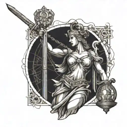 lady justice with sword and scale in battle scene tattoo design idea