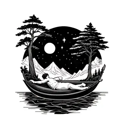 man lying face up on a boat floating down a curved river with moon, stars, tree and mountains around symbolizing life tattoo design idea