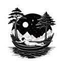 man lying face up on a boat floating down a curved river with moon, stars, tree and mountains around symbolizing life tattoo design idea
