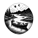 man lying face up on a boat floating down a curved river with moon, stars, tree and mountains around symbolizing life tattoo design idea