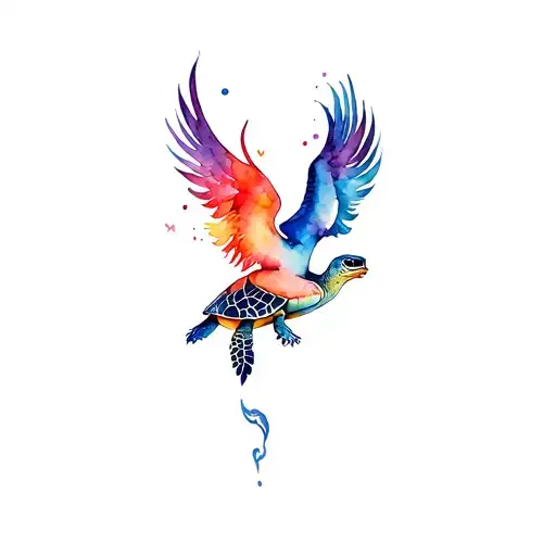 animal turtle and phoenix flying tattoo design idea