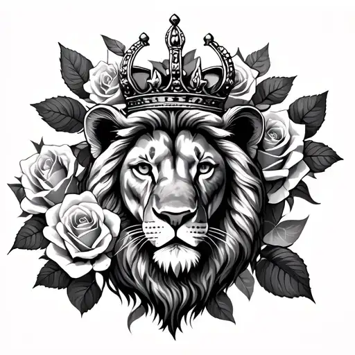 lion roses open crown tattoo design idea
