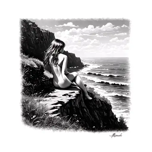 Girl sitting on cliff overlooking the ocean tattoo design idea