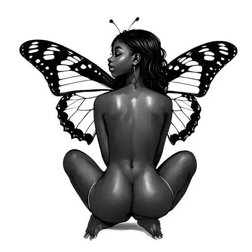 black girl sitting turning into a butterfly tattoo design idea