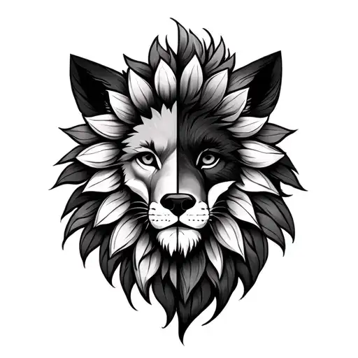half sunflower half lion face with mane in feather shape with fox and 3 tattoo design idea