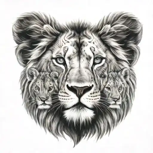 male lion with blue eyes, 2 cubs, chelsea fc emblem merged tattoo design idea