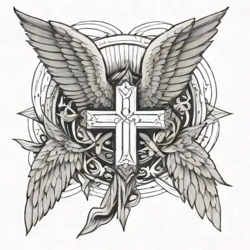 cross, initials R H, guardian angel wings tattoo design idea