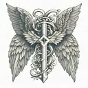 cross, initials R H, guardian angel wings tattoo design idea