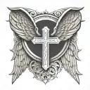 cross, initials R H, guardian angel wings tattoo design idea