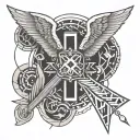 cross, initials R H, guardian angel wings tattoo design idea