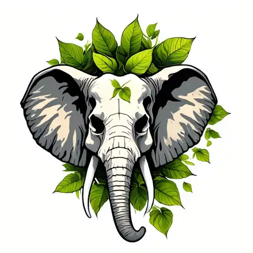 elephant skull with jinko biloba leaves falling tattoo design idea
